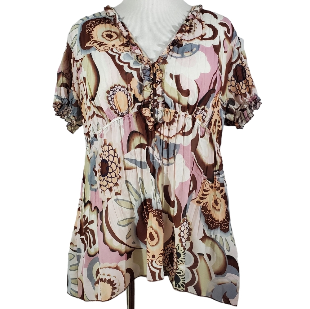 Notations Shirt Top Blouse Floral Semi Sheer Ruffled 1X Plus